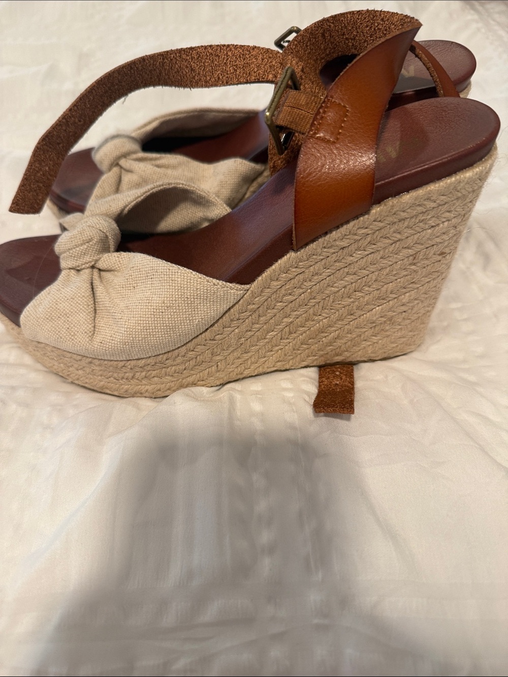 MIA Cream Knot Espadrille Wedge Sandals with Brown Leather Ankle Strap